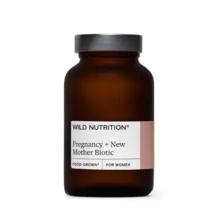 Brown bottle labelled "Wild Nutrition Pregnancy + New Mother Biotic".