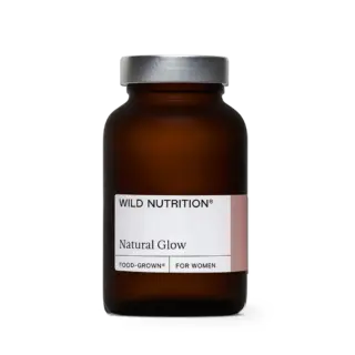 Brown jar labelled "Wild Nutrition Natural Glow, Food-Grown for Women".