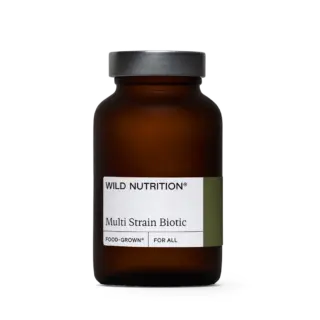 Brown glass jar labelled "Wild Nutrition Multi Strain Biotic".