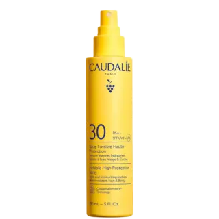 Yellow bottle of Caudalie SPF 30 spray, 150 ml, with UVA protection.