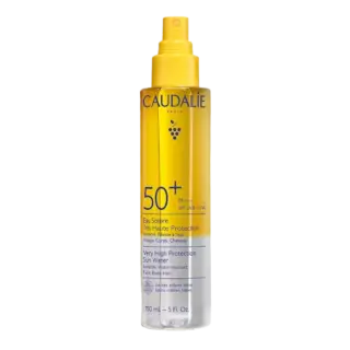 Caudalie SPF 50+ sun water spray, 150ml, for face, body, and hair.