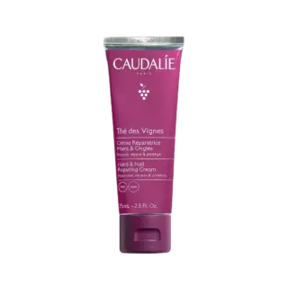 Caudalie Thé des Vignes Hand & Nail Repairing Cream, 75ml tube, vegan formula.
