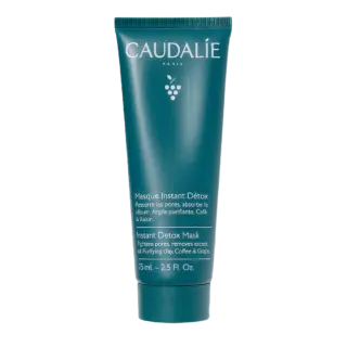 Caudalie Instant Detox Mask, 75 mL tube, purifying clay, coffee, and grape.