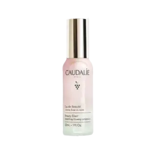 Caudalie Beauty Elixir bottle, 30ml, with silver cap and grape logo.