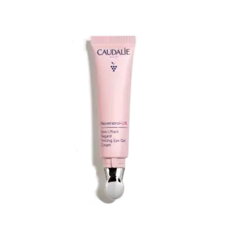 Caudalie Resveratrol-Lift Firming Eye Gel Cream in pink tube with silver applicator.