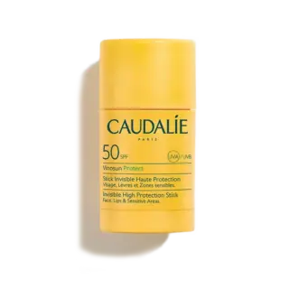 Yellow Caudalie SPF 50 stick for face, lips, and sensitive areas. UVA/UVB protection.