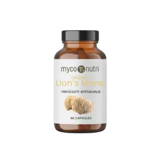 Brown bottle of MycoNutri Organic Lion's Mane, 60 capsules.