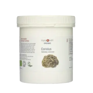 White tub of MycoNutri Organic Coriolus powder with mushroom image.