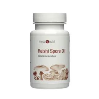 Reishi Spore Oil bottle with mushroom illustrations and text "Ganoderma lucidum".
