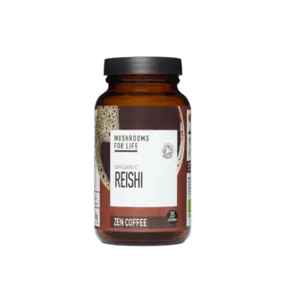 Brown jar of Organic Reishi Zen Coffee, 25 servings, by Mushrooms for Life.