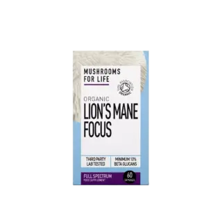 Mushrooms For Life Lion's Mane Focus, 60 capsules, organic, lab tested, 10% beta glucans.