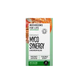 Myco Synergy organic mushroom blend, 60 capsules, Soil Association certified.