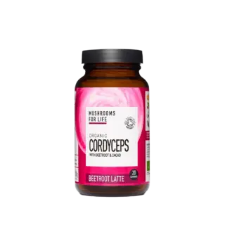 Jar of Organic Cordyceps Beetroot Latte with cacao, 20 servings.