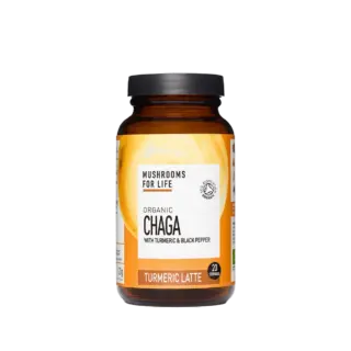 Mushrooms For Life Organic Chaga Turmeric Latte jar, 120g, 20 servings.