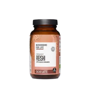 Brown jar of Organic Reishi Cacao Latte with 20 servings label.