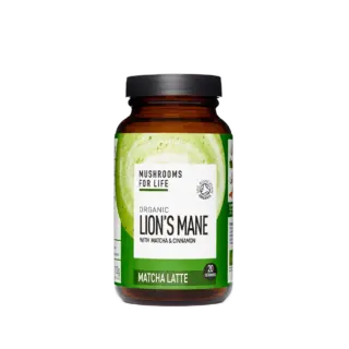 Brown jar of Organic Lion's Mane Matcha Latte, 20 servings, by Mushrooms For Life.