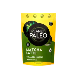 Planet Paleo Matcha Latte Collagen Hottie, 225g, yellow and green packaging.