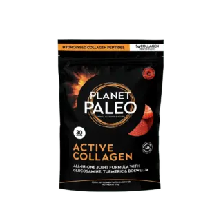 Planet Paleo Active Collagen, 270g, strawberry flavour, 30 servings, with glucosamine and turmeric.