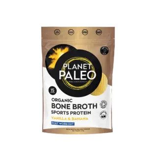 Planet Paleo Organic Bone Broth Sports Protein, Vanilla & Banana, 240g pouch.