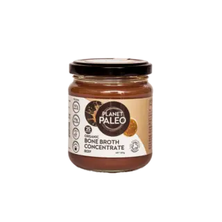 Planet Paleo Organic Beef Bone Broth Concentrate jar, 250g, with nutritional info on label.