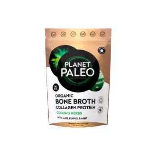Planet Paleo Organic Bone Broth Collagen Protein with cooling herbs, 225g pouch.