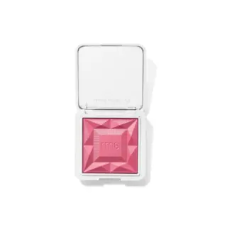 Pink blush compact with embossed geometric design and "rms" logo.