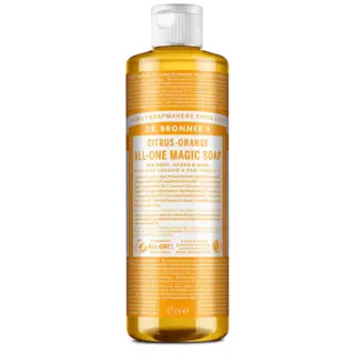 Dr. Bronner's Citrus-Orange Magic Soap, 475ml bottle with detailed label text.