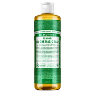 Dr. Bronner's Almond All-One Magic Soap, 475ml bottle with green label.