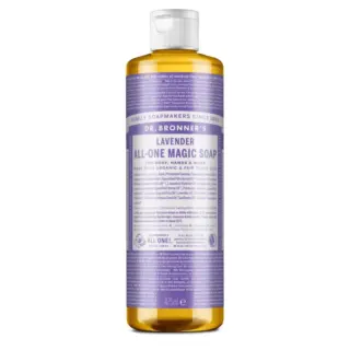 Dr. Bronner's Lavender All-One Magic Soap, 475ml bottle with purple label.