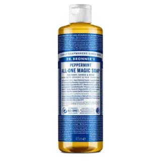 Dr. Bronner's Peppermint All-One Magic Soap, 475ml bottle with blue label and white text.