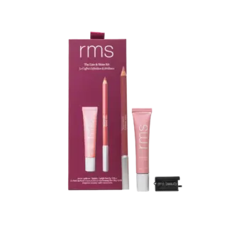 RMS Line & Shine Kit with lip pencil, gloss, and sharpener in pink packaging.