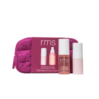 RMS Mini Prime & Set Punch kit with pink pouch and two skincare bottles.
