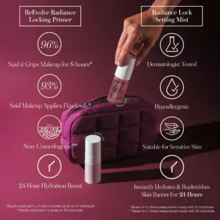 Hand holding RMS primer above purple cosmetic bag, surrounded by product benefits text.