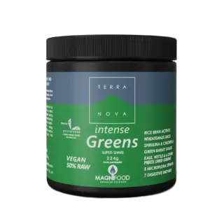 Terranova Intense Greens super-shake, vegan, 224g, with various green ingredients listed.