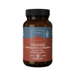 Terranova Theanine Ashwagandha & Rhodiola Complex, 50 vegan capsules, brown bottle.
