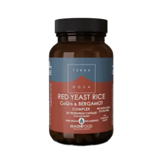 Terranova Red Yeast Rice CoQ10 & Bergamot capsules, 50 vegetarian capsules, vegan, no additives.