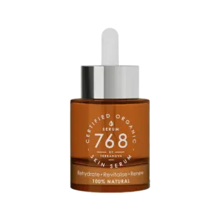 Brown bottle of 768 Skin Serum with dropper, labelled certified organic and 100% natural.