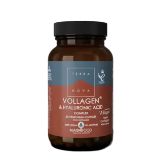 Terranova Vollagen & Hyaluronic Acid capsules, vegan, 50 count, brown bottle with black lid.