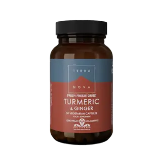 Terranova turmeric and ginger capsules, 50 vegetarian, 100% vegan, no additives.