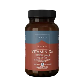 Terranova Vitamin D3 Complex, 50 vegetarian capsules, 100% vegan, no additives.