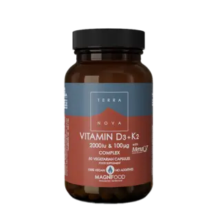 Terranova Vitamin D3+K2 complex, 50 vegetarian capsules, vegan, no additives.
