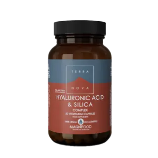 Brown bottle of Terranova Hyaluronic Acid & Silica capsules, 50 count, vegan, no additives.