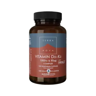 Terranova Vitamin D3+K2 complex, 100 vegetarian capsules, 100% vegan, no additives.
