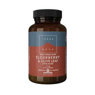 Terranova Elderberry & Olive Leaf supplement, 40g, vegan, no additives.