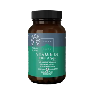 Terranova Green Child Vitamin D3, 400iu, 50 vegan capsules for ages 4-12.
