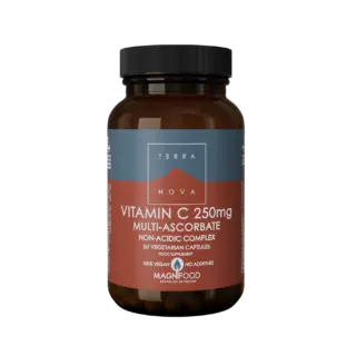 Terranova Vitamin C 250mg capsules, non-acidic, 50 vegetarian capsules, vegan, no additives.