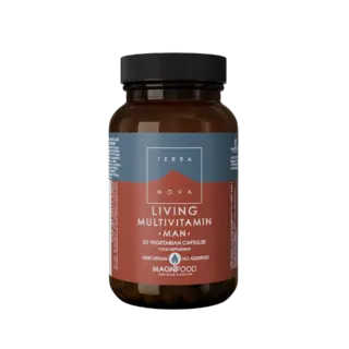 Brown bottle of Terra Nova Living Multivitamin Man, 50 vegetarian capsules.