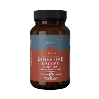 Brown bottle of Terra Nova Digestive Enzyme Complex, 50 vegetarian capsules.