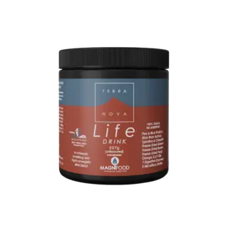 Terranova Life Drink, 227g, unflavoured, vegan, no additives, in a black container.