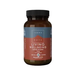 Brown jar with black lid, labelled "Terra Nova Living Wellbeing Super-Blend 50g".